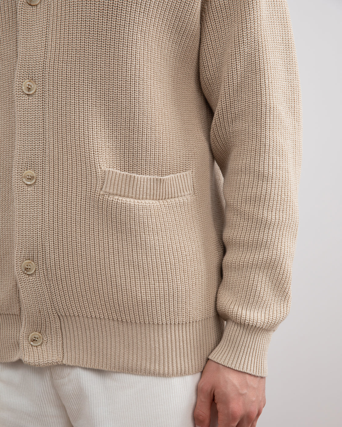 Beige Shawl-Collar Ribbed Cardigan