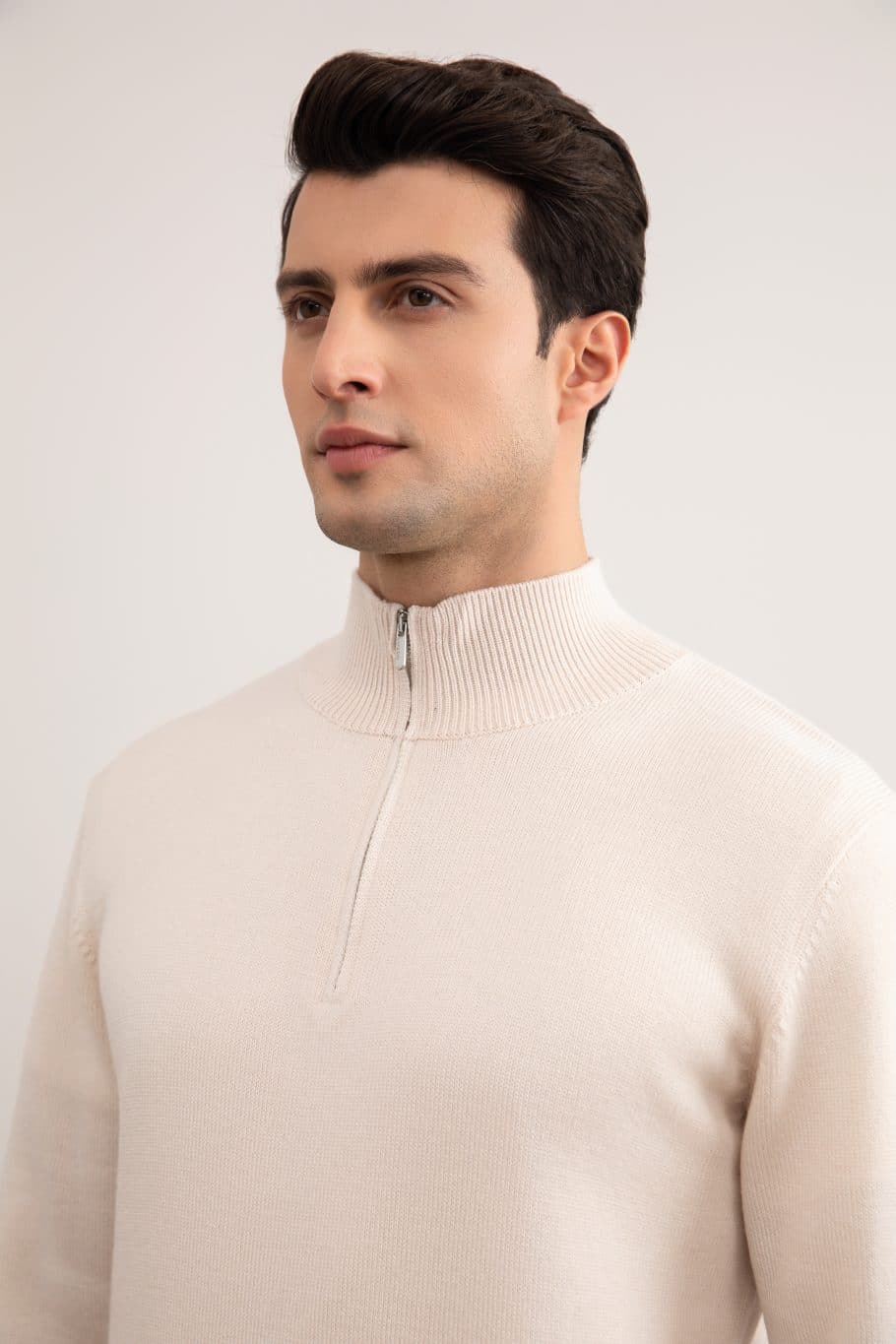 Beige Merino Wool Half-Zip Sweater