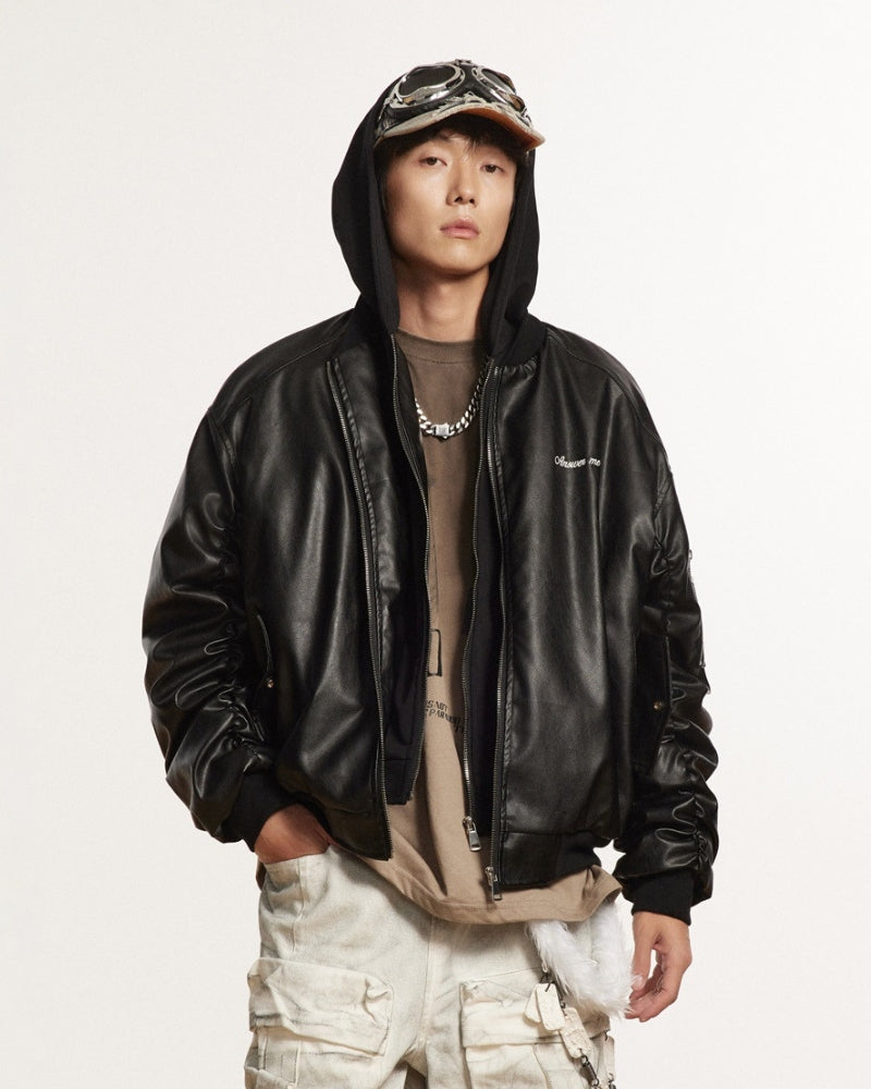 Relaxed Leather ANSWER ME Embroided Bomber Jacket